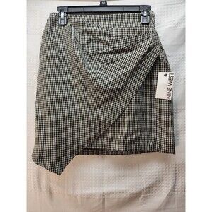 Nine West Pencil Skirt Straight  Houndstooth Med Blk White Mini Ruched High Low